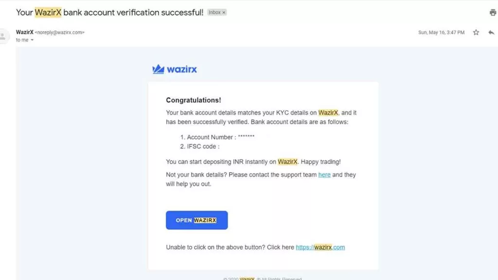 WazirX Bank Account Verification
